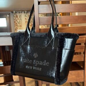 Kate Spade ♠️ Black Patent Leather Tote with Faux Shearling Trim in EUC